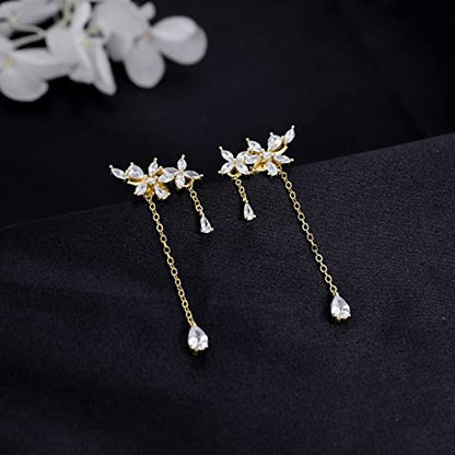 SLUYNZ 925 Sterling Silver Dainty CZ Flowers Wrap Earrings Dangle Chain for Women Elegant Dangling Earrings Bridal Earrings Wedding Engagement Drop Earrings Prom Engagement Party Jewelry - color: C-18K Gold Plated
