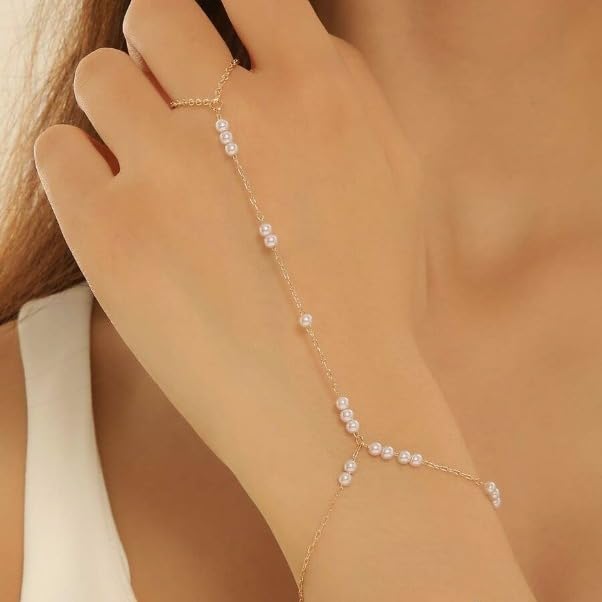 AceFun 1PC Gold Hand Chain Bracelet for Women Rhinestones Crown Pearls Beads Finger Ring Bracelets Trendy Dainty Simple Waterproof Bracelet Fashion Body Jewelry for Ladies - color: Pearls