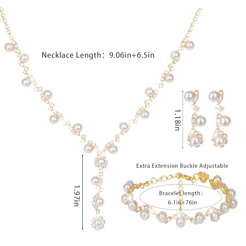 CAVETEE Jewelry Set - Prom Jewelry Crystal Bridal Necklace, Bracelet & Pendant Earring Jewelry Set for Women - style: Flower Pearl