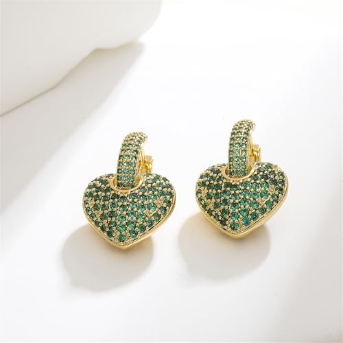Crystal Heart Hoop Earrings for Women Dainty Fashion Heart Huggie Earrings Colourful Sparkly Crystal 14k Gold Love Heart Dangle Drop Earrings Valentine’s Day Statement Jewelry Gifts - color: Green