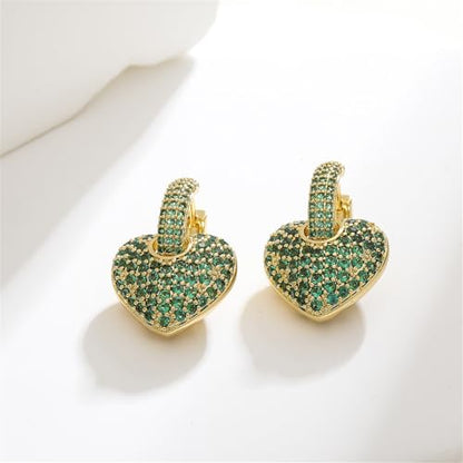 Crystal Heart Hoop Earrings for Women Dainty Fashion Heart Huggie Earrings Colourful Sparkly Crystal 14k Gold Love Heart Dangle Drop Earrings Valentine’s Day Statement Jewelry Gifts - color: Green