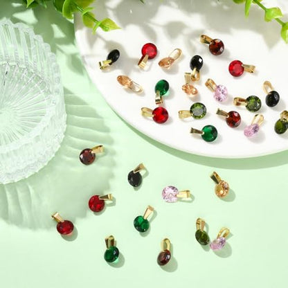 Cheriswelry 28 pcs Cubic Zirconia Charms 14mm Round Colorful Birthstone Pendants Crystal Stone Rhinestone Tiny Dangle Charms for Jewelry Making Necklace Earring Bracelet DIY Craft