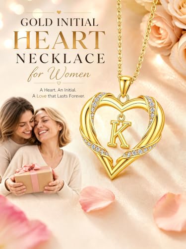 Midari 18K Gold Initial Letter Necklace for Women 18K Gold Initial Heart Capital Monogram Necklace for Mom Wife Alphabets from A-Z - color: K