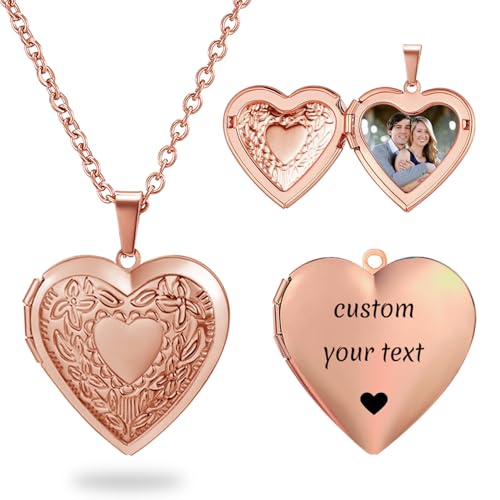 PHOCKSIN Personalized Locket Necklace for Women Photo Necklace with Customized Picture Birth Flower Birthstone Customizable Birthday Gifts - color: #08-Heart Rose Gold Flower