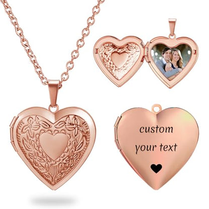 PHOCKSIN Personalized Locket Necklace for Women Photo Necklace with Customized Picture Birth Flower Birthstone Customizable Birthday Gifts - color: #08-Heart Rose Gold Flower