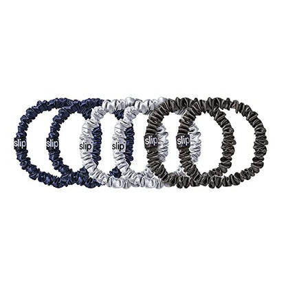 slip Skinnies The Midnight Collection | Pure Silk Skinny Scrunchies Set | 100% Mulberry Silk, Anti-Crease, Ultra Soft, Gentle on Hair, Prevents Breakage | Set of 6, Stylish & Durable - color: Navy, Charcoal, Silver