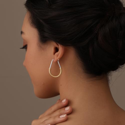 LeCalla 925 Sterling Silver Hoop Earrings for Women | Italian Design Classic Diamond-Cut Textured Hoops Earring | Women's Oval Drop Shape Silver Earring Jewelry - color: Large Two-Tone Textured