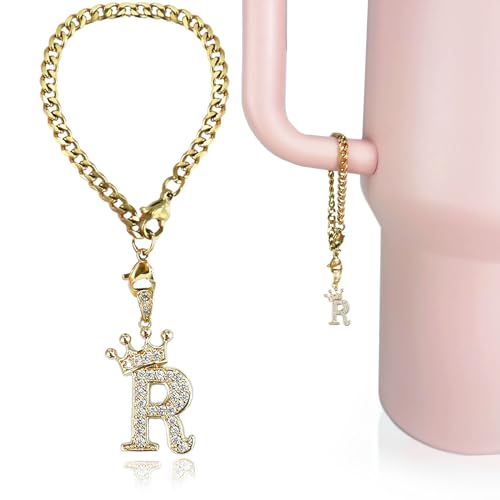 Cup Charms for Stanley Handle- Crown Letter Charms Accessories for Stanley Handle 40 Oz Tumblers Gold Initial Keychain Water Bottle Cup with Diamond Glitter Jewelry Personalized Decorations R - color: Letter R