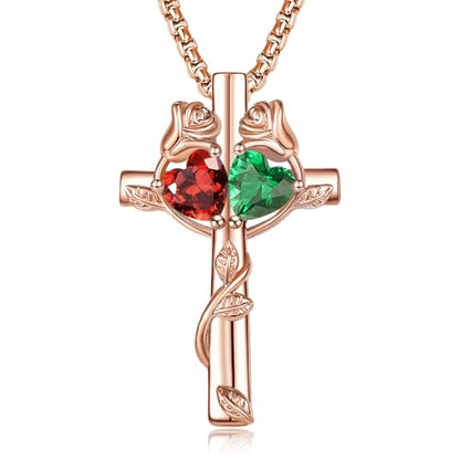Rose Gold Cross Necklace with 2 Birthstones and Rose | Cross with Birthstone Necklace, Hypoallergenic, Adjustable Rolo Chain, Birthday Gifts, Catholic Christian Religious Jewelry - color: 01-05-Jan-May Birthstone