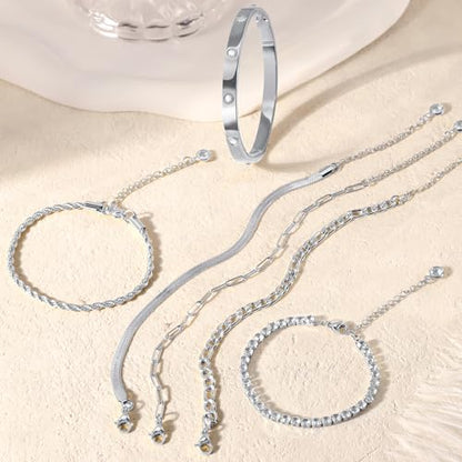 MOINSPIRE Bracelets for Women Non Tarnish, Dainty 18K Gold Plated Bracelets Stack Trendy Waterproof Stackable Bangles, Cuban Link Paperclip Chain Jewelry Set Fashion Accessories Gifts for Women - color: A5-Silver Clip Bead + Bracelet
