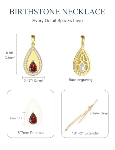 Birthstone Pendant Necklaces for Women 925 Sterling Silver Teardrop Pendant Necklace Birthday Jewelry Gift, 18"+2" Inches - color: 01 - Garnet