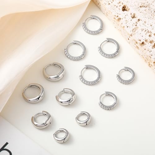 HILXURY 6 Pairs Small Gold Huggie Hoop Earrings for Women, 14K Gold Plated Cartilage Piercings Hoop Earrings Hypoallergenic, Trendy Lightweight Chunky Hoops Set for Women Gifts. - color: E- Silver