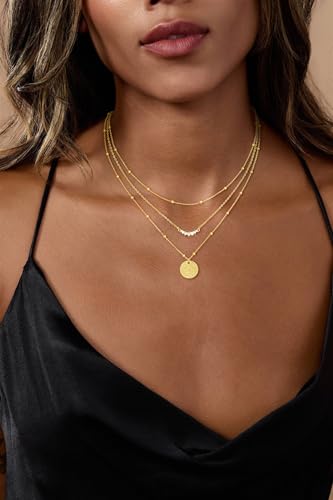 CHESKY Gold Layered Necklaces Set, 14K Gold Plated Paperclip Chain Stack | 3 Pcs Dainty Layering Necklaces, Gold CZ Pendant Necklace Trendy Jewelry Gift for Women Daily Wear - style: CZ-bar-bead