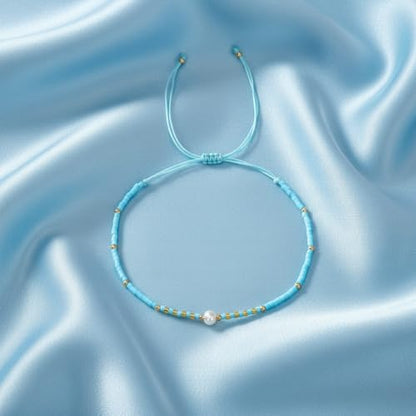 Boho Colorful Glass Gold Plated Seed Beaded Bracelets or Women, Handmade Romantic Freshwater Pearl Adjustable String Braided Rope Jewelry, Summer Beach Daily Party Friendship Gift - color: Blue