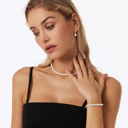Zeffy Gold Pearl Necklace for Women, Dainty 14K Gold/Silve Plated Layered Pearl Choker Pearl Earrings Pearl Bracelets Wedding Trendy Gold Jewelry Set for Women Gifts - style: Silver Pearl Necklace&Earring&Bracelet-3PCS