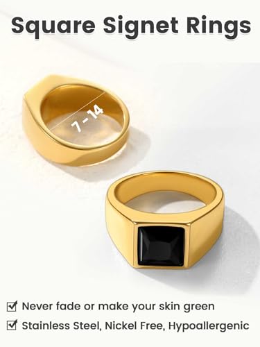 KeyStyle Square Gemstone Signet Rings for Men, Personalized Stainless Steel Pinky Ring with Black Onxy Blue Topaz Birthstone Statement Ring - color: Gold -Black Onyx - 8mm