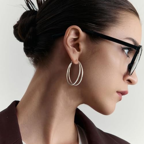 Large Thin Double Hoop Earrings for Women Lightweight Hypoallergenic 925 Sterling Silver Post 14K Gold Hoops Non Tarnish Sturdy Big Thin Double Layered Hoop Earrings 30/40/50/60mm - color: Silver, size: 40mm