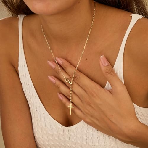 Lariat Necklace for Women, Dainty 14K Gold/Silver Plated Long Necklaces for Women Trendy Simple Layered Y-Shaped Pendant Necklace Adjustable Fashion Jewelry Gift - color: Gold, style: Infinity Cross Pendant