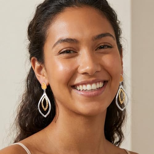 Antique Gold Hammered Disc Drop Earrings Boho Earrings with Two Tone Jewelry Gift - color: EH21612A