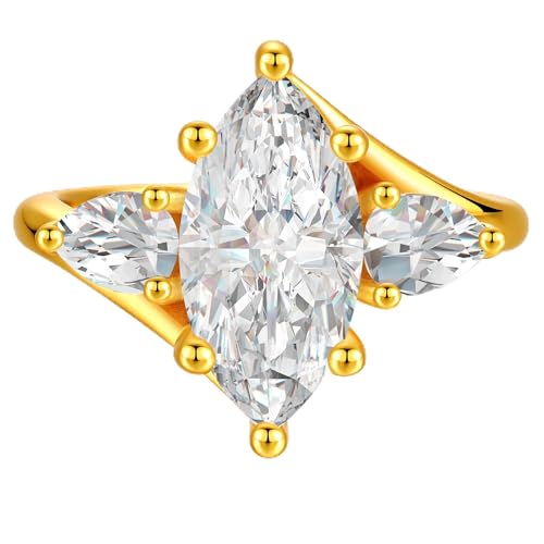 4CT 3 Stone Moissanite Engagement Ring for Women, Marquise Cut D Color VVS1, 925 Sterling Silver with 18K White Gold Plated, Anniversary Promise Ring for Her, Wedding Ring with Gift Box - color: Yellow