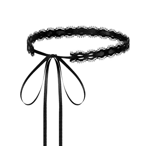 InnoHHustle Vintage Hollow Lace Choker Necklace, 2 PCS Black Tulle Lace Necklaces Long Satin Tail Tie Up Choker Necklaces Bow Tie Up Necklace for Striking Gothic Knot Prom Trendy Accessory Gifts - color: Black