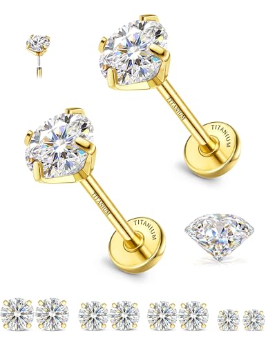 GEMQUEEN 8 PCS Moissanite ＆ Implant Grade G23 Titanium Nose Studs Flat Back Earrings Hypoallergenic : 14K Gold Plated Nose Rings 20G Push in Threadless Cartilage Helix Piercing Jewelry for Women Men - color: Gold| 20G(0.8MM)-Bar-6/8MM&Moissanite-2/3/4MM