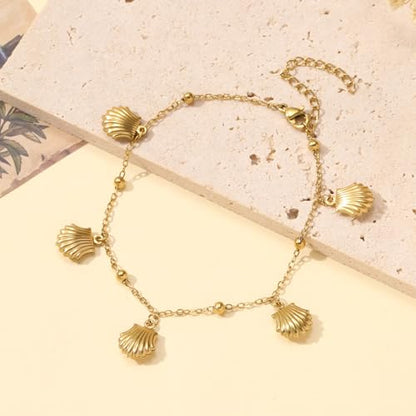 Lit Wall Gold Anklets for Women 18K Gold Plated Adjustable Summer Simple Foot Jewelry Ankle Bracelet for Women - style: Shell