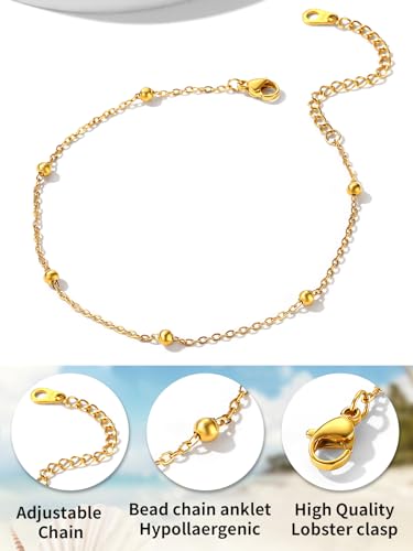 ChainsHouse Ankle Bracelets for Women, Stainless Steel Beaded Chain Ankle Bracelet, Womens Heart Anklets for Summer Beach Jewelry Gifts - color: J: bead-3.5mm-gold plated