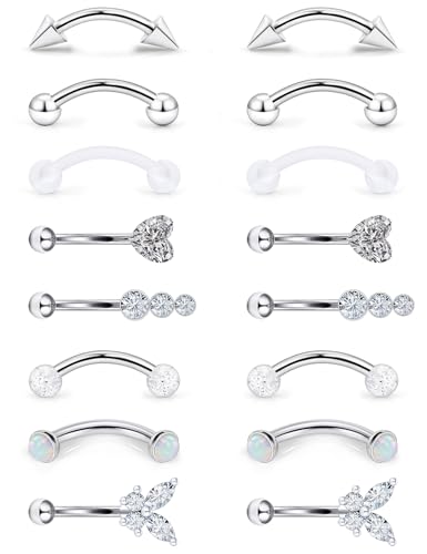16g 8mm Silver/Black/Rainbow Eyebrow Piercing Jewelry Rings Curved Barbell Vertical Labret Lip Surgical Steel Small Belly Button Snake Eyes Tongue Rook Earrings for Women Men - color: Surgical Steel