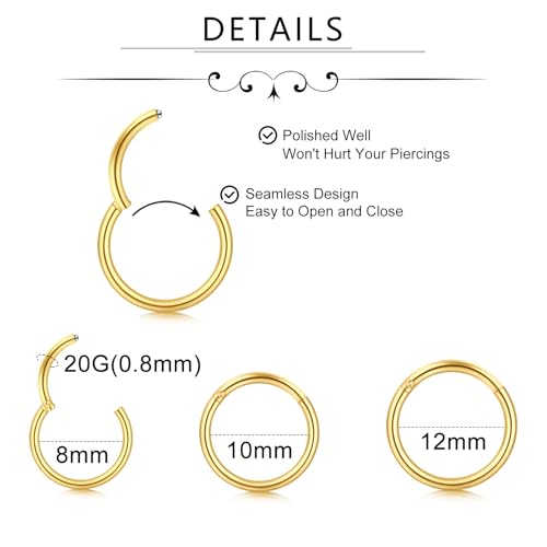Incaton 18G Threadless Flat Back Stud Earrings For Women Men, 316L Surgical Steel Hypoallergenic Push in Nose Studs CZ Nose Nostril Tragus Helix Labret Studs Lip Rings Piercing Jewelry - color: 3 HOOP + 6 STUD GOLD