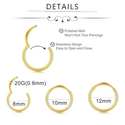 Incaton 18G Threadless Flat Back Stud Earrings For Women Men, 316L Surgical Steel Hypoallergenic Push in Nose Studs CZ Nose Nostril Tragus Helix Labret Studs Lip Rings Piercing Jewelry - color: 3 HOOP + 6 STUD GOLD