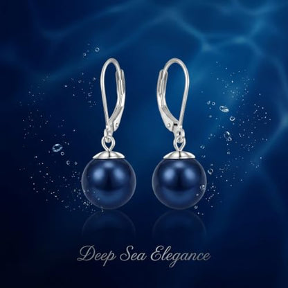Pearl Leverback Earrings for Women Dangle Round Gemstone Earrings Birthstone Jewelry Gift Anniversary for Her - color: 20 Navy Blue Pearl