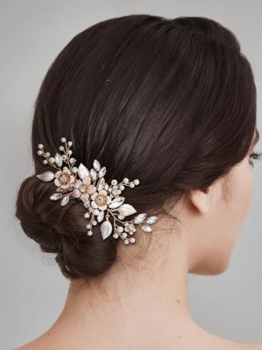 SWEETV Hair Comb, Handmade Rose Gold Bridal Hair Accessory for Weddings and Brides - 4.72 * 2.75 Inch, 2.Rose Gold | Handmade Gold Hair Piece Wedding Hair Accessories, Bridal Hair Comb Bridal Hair Pieces Wedding Hair Clip 4.72 * 2.75 Inch - color: 2.Rose