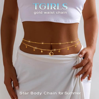 Tgirls Gold Waist Chain for Women Rhinestone Layered Belly Chains Beads Body Chain Heart-Shaped Beach Body Jewelry for Summer - style: Star 2
