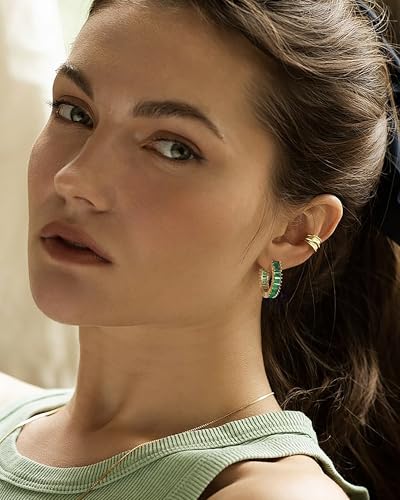 Trendy 14K Gold Plated Hoop Earrings for Women, Chunky Gold/Silver Earrings for Women Cubic Zirconia Baguette Hoop Earrings Heart Hoops Lightweight Hypoallergenic Jewelry,25mm/35mm/40mm/50mm - color: 01 Gold Green Hoops 25mm