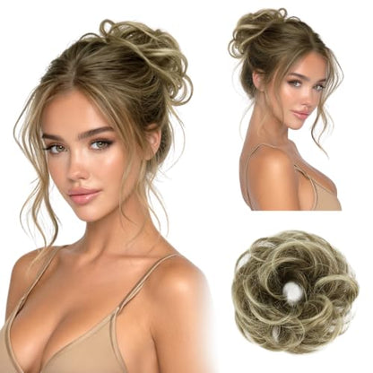 RUWISS 100% Human Hair Bun Small Messy Bun Hair Piece for Women Layered Wavy Hair Buns Updo Hairpiece for Daily Wear Scrunchies Ponytail Extension (Brown Mixed Light Blond) - color: Brown Mixed Light Blond