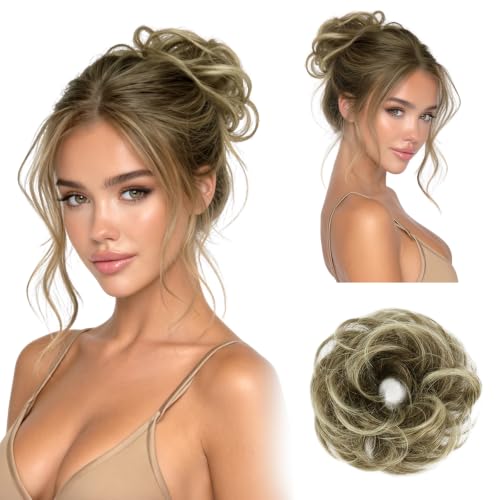 RUWISS 100% Human Hair Bun Small Messy Bun Hair Piece for Women Layered Wavy Hair Buns Updo Hairpiece for Daily Wear Scrunchies Ponytail Extension (Brown Mixed Light Blond) - color: Brown Mixed Light Blond