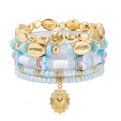 LALAPPLE Shell Bracelet Boho Beaded Stretch Bracelets for Women Seashell Strand Bracelets Starfish Charm Jewelry Summer Beach Jewelry Stackable Crystal Gold Plated Beads Bracelet for Women - style: T-Song of the Clouds