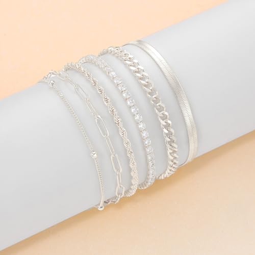 Dainty Ankle Bracelets for Women Waterproof | Layered Gold Plated Tennis Cuban Snake Rope Paperclip Beaded Link Chains Set, Summer Beach Jewelry Gift - color: Silver Anklet A
