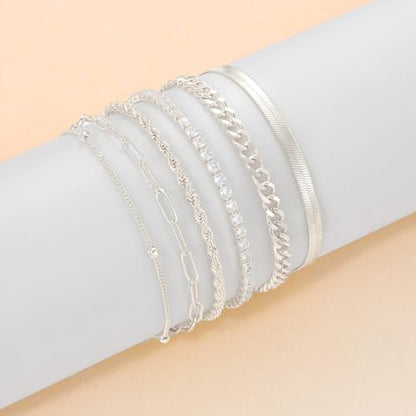 Dainty Ankle Bracelets for Women Waterproof | Layered Gold Plated Tennis Cuban Snake Rope Paperclip Beaded Link Chains Set, Summer Beach Jewelry Gift - color: Silver Anklet A