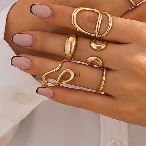 Chunky Gold Stackable Rings Set for Women Trendy Stackable Knuckle Rings Dainty Thick Dome Midi Ring Punk Jewelry Gifts - color: Gold