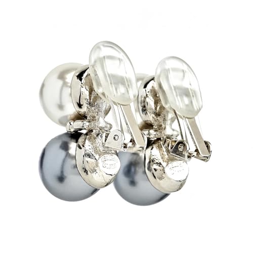 14mm Double Pearl Earring with 2 Crystal Accents, Gold or Silver Setting. Pierced or Clip - color: White & Gray