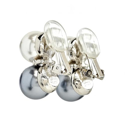 14mm Double Pearl Earring with 2 Crystal Accents, Gold or Silver Setting. Pierced or Clip - color: White & Gray