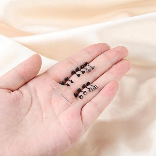 Uni-J 10pcs 20G/18G/16G Threadless Push-in Tragus Conch Cartilage Flat Back Helix Labret Monroe Lip Ring Daith Piercing Jewelry - color: 18G Black 8mm