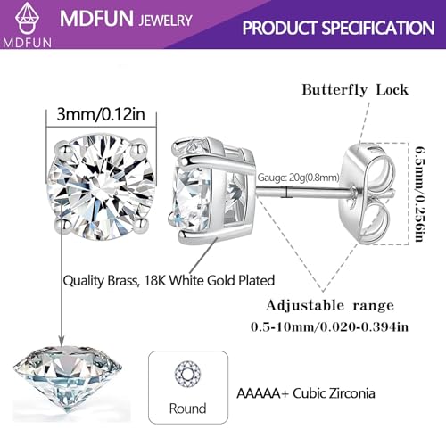 18K White/Yellow Gold Plated Stud Earrings for Men Women 4 Prong Graduated Round Clear Cubic Zirconia Hypoallergenic Earrings Set 3-8MM - color: White Gold Plated, size: 3MM