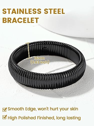 KeyStyle Bangle Bracelets For Women, Stainless Steel Stretch Bracelet Wide | 14K Gold/Rose Gold/Black/Silver Plated Flexible Wide Twisted Link Chain Wristband Jewelry, 10Mm, 16Mm, 20Mm - color: 16mm -Black