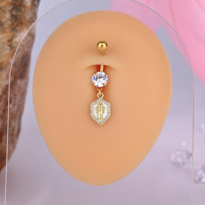 B BodyPJ Sparkles 14G Religious Belly Button Ring with Crystal Cross and Religious Charms, Stainless Steel - style: Type C,Gold