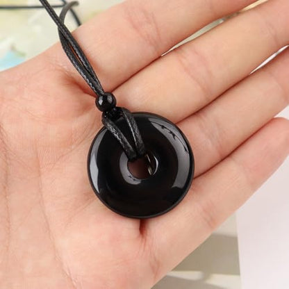 Anjiucc Natural Gemstone Pendant Necklce Lucky Coin Crystal Necklace Donut Pendnat with Adjustable Rope Healing Crystal for Men - color: Black obsidian