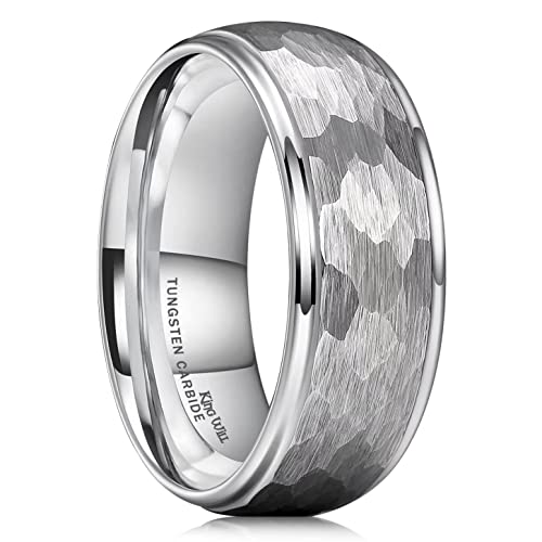 King Will Hammered 8mm Silver Tungsten Ring Hammer Men Wedding Band Comfort Fit - color: domed