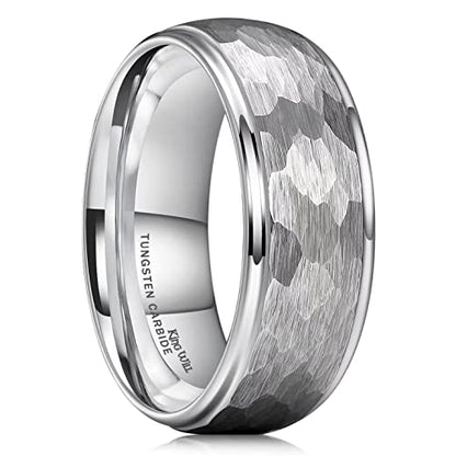 King Will Hammered 8mm Silver Tungsten Ring Hammer Men Wedding Band Comfort Fit - color: domed